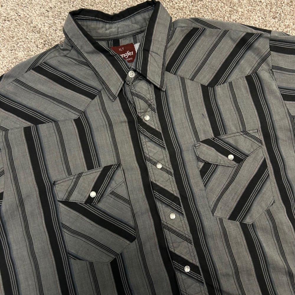 Vintage Wrangler Western Shirt Pearl Snap Men Size XLT Striped Gray Cowboy Rodeo